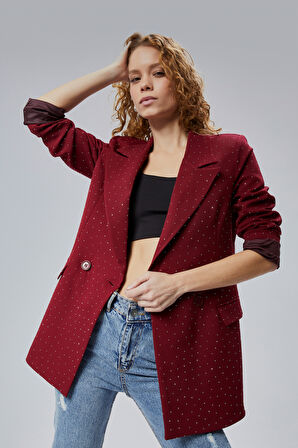 Kadın Regular Dokuma Astarlı Taş Detaylı Blazer Ceket 