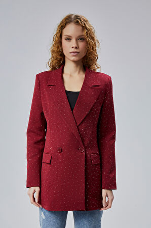 Kadın Regular Dokuma Astarlı Taş Detaylı Blazer Ceket 