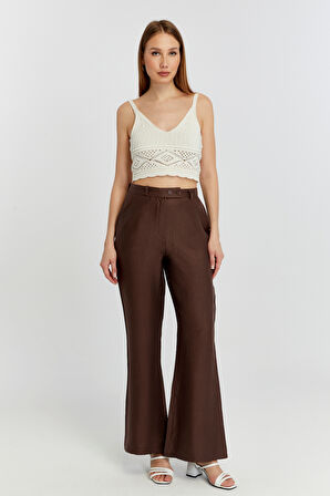 Kahverengi Keten İspanyol Paça Dokuma Pantolon