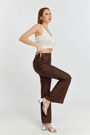 Kahverengi Keten İspanyol Paça Dokuma Pantolon