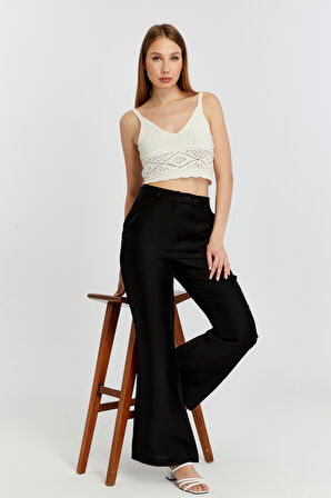 Siyah Keten İspanyol Paça Dokuma Pantolon