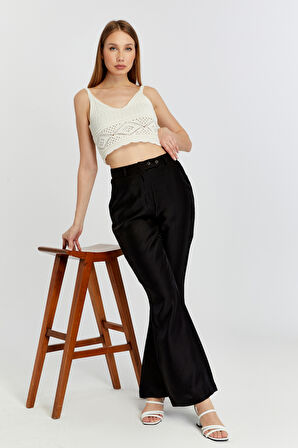 Siyah Keten İspanyol Paça Dokuma Pantolon