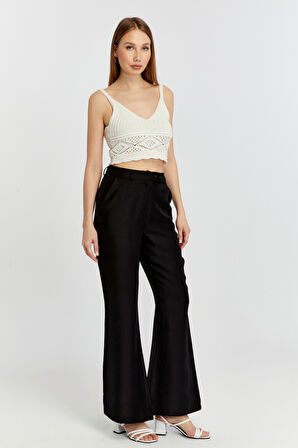 Siyah Keten İspanyol Paça Dokuma Pantolon