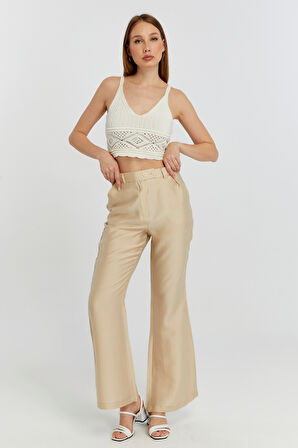 Açık Bej Keten İspanyol Paça Dokuma Pantolon