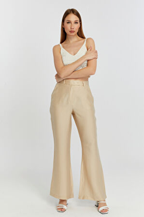 Açık Bej Keten İspanyol Paça Dokuma Pantolon