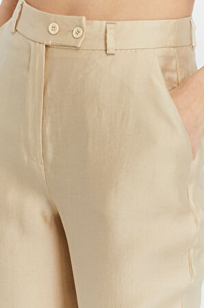 Açık Bej Keten İspanyol Paça Dokuma Pantolon