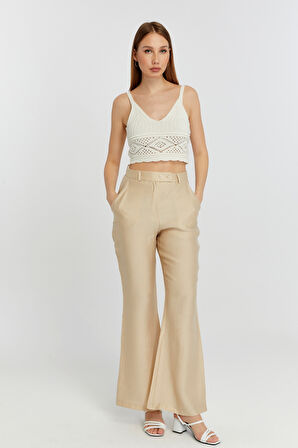 Açık Bej Keten İspanyol Paça Dokuma Pantolon