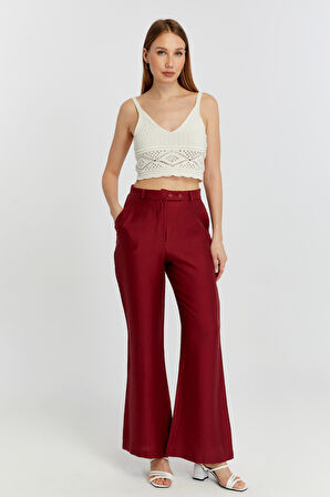 Bordo Keten İspanyol Paça Dokuma Pantolon