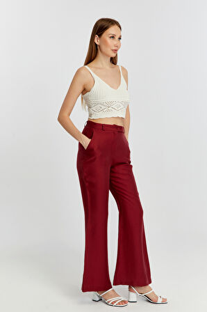 Bordo Keten İspanyol Paça Dokuma Pantolon