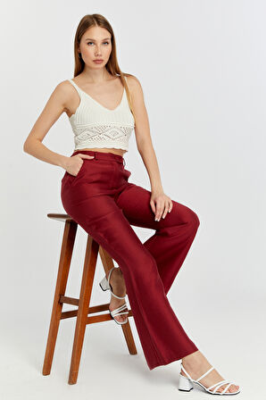 Bordo Keten İspanyol Paça Dokuma Pantolon