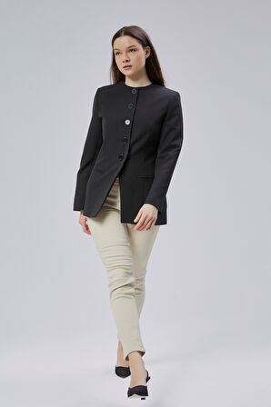 Siyah Bisiklet Yaka Regular Dokuma Ceket