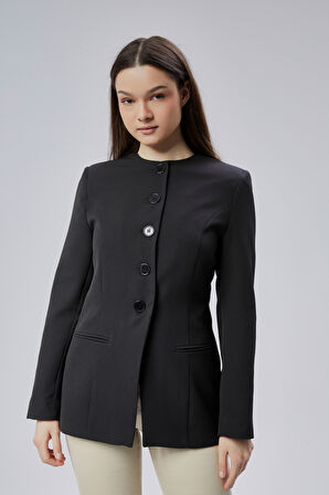 Siyah Bisiklet Yaka Regular Dokuma Ceket