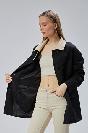 Siyah Oversize Casual Midi Trençkot