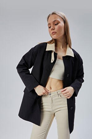 Siyah Oversize Casual Midi Trençkot