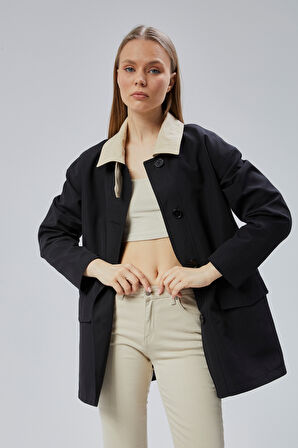 Siyah Oversize Casual Midi Trençkot