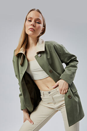 Haki Oversize Casual Midi Trençkot