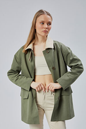 Haki Oversize Casual Midi Trençkot