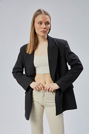 Siyah Oversize Kruvaze Yaka Astarlı Blazer Ceket