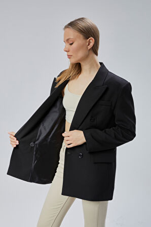 Siyah Oversize Kruvaze Yaka Astarlı Blazer Ceket