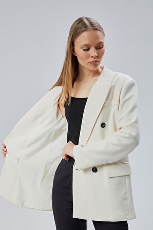 Ekru Oversize Kruvaze Yaka Astarlı Blazer Ceket