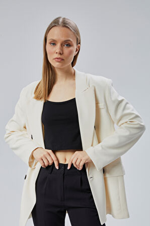 Ekru Oversize Kruvaze Yaka Astarlı Blazer Ceket