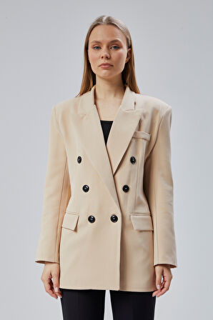 Bej Oversize Kruvaze Yaka Astarlı Blazer Ceket