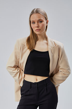 Bej Oversize Kruvaze Yaka Astarlı Blazer Ceket