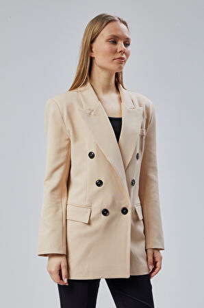 Bej Oversize Kruvaze Yaka Astarlı Blazer Ceket