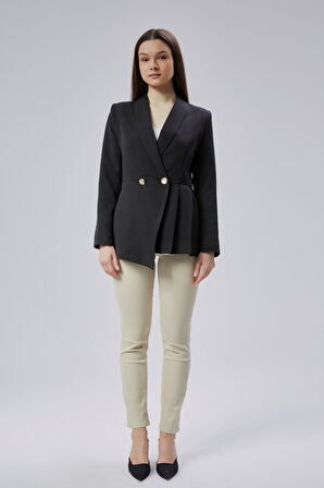 Siyah Regular Fit Pile Detaylı Blazer Ceket