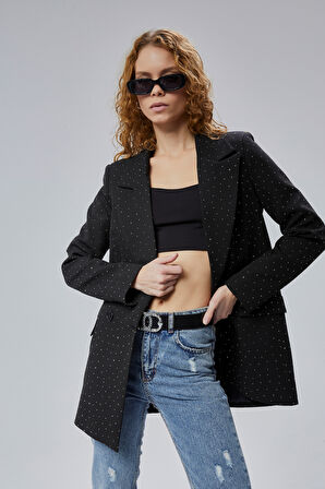 Kadın Regular Dokuma Astarlı Taş Detaylı Blazer Ceket 