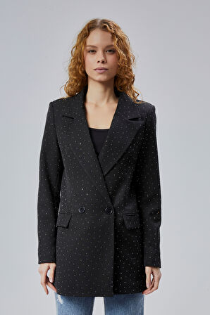 Kadın Regular Dokuma Astarlı Taş Detaylı Blazer Ceket 