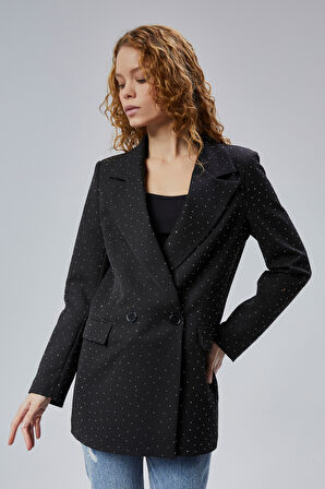 Kadın Regular Dokuma Astarlı Taş Detaylı Blazer Ceket 