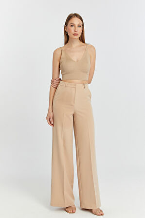 Vizon Palazzo Geniş Paça Dokuma Kumaş Pantolon