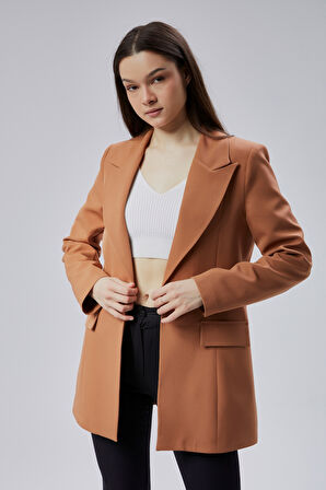 Açık Kahverengi Kruvaze Uzun Blazer Ceket