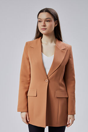 Açık Kahverengi Kruvaze Uzun Blazer Ceket