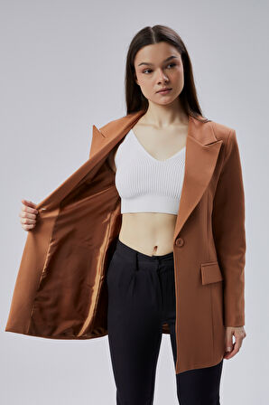 Açık Kahverengi Kruvaze Uzun Blazer Ceket