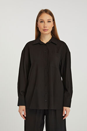 Kadın Siyah Casual Oversize/Geniş Kalıp Gömlek 