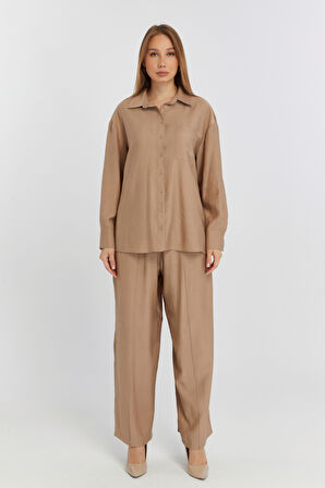 Kadın Camel Casual Oversize/Geniş Kalıp Gömlek 