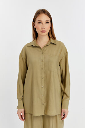 Kadın Haki Casual Oversize/Geniş Kalıp Gömlek 