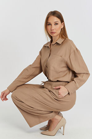 Kadın Camel Bol Paça Dokuma Pantolon