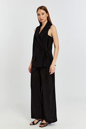 Siyah Regular Fit Belden Bağlama Detaylı Astarlı Dokuma Yelek