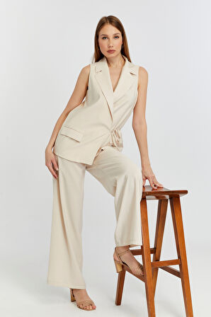 Bej Regular Fit Belden Bağlama Detaylı Astarlı Dokuma Yelek