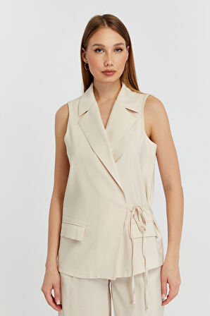 Bej Regular Fit Belden Bağlama Detaylı Astarlı Dokuma Yelek