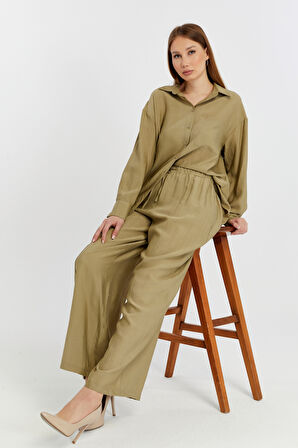 Kadın Haki Bol Paça Dokuma Pantolon