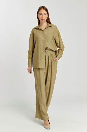 Kadın Haki Bol Paça Dokuma Pantolon