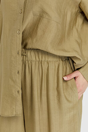 Kadın Haki Bol Paça Dokuma Pantolon