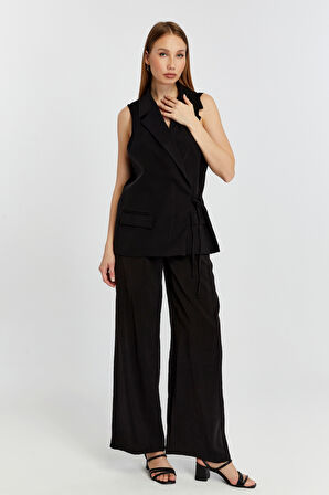 Siyah Geniş Paça Dokuma Pantolon