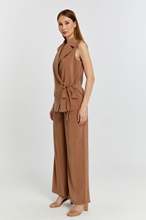 Kahverengi Geniş Paça Dokuma Pantolon