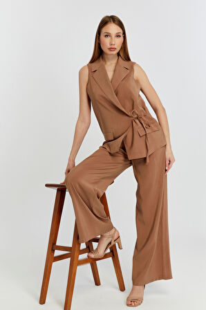 Kahverengi Geniş Paça Dokuma Pantolon