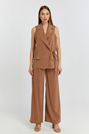 Kahverengi Geniş Paça Dokuma Pantolon